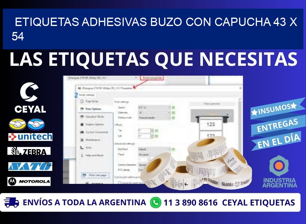 ETIQUETAS ADHESIVAS BUZO CON CAPUCHA 43 x 54