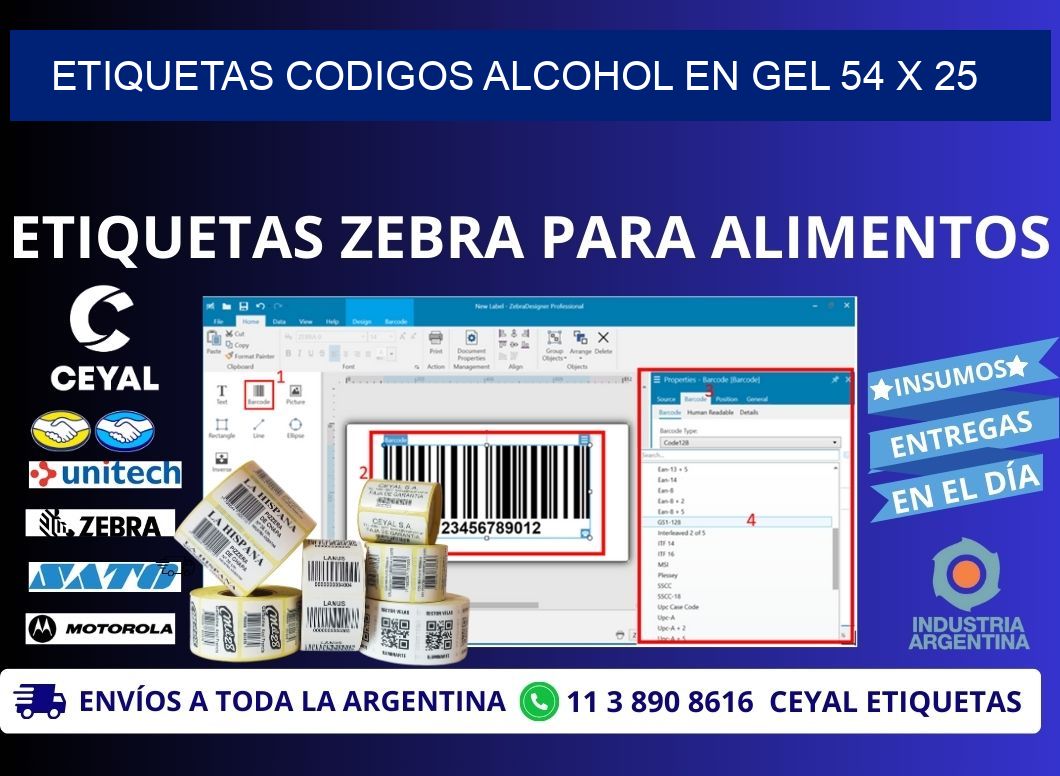 ETIQUETAS CODIGOS ALCOHOL EN GEL 54 x 25