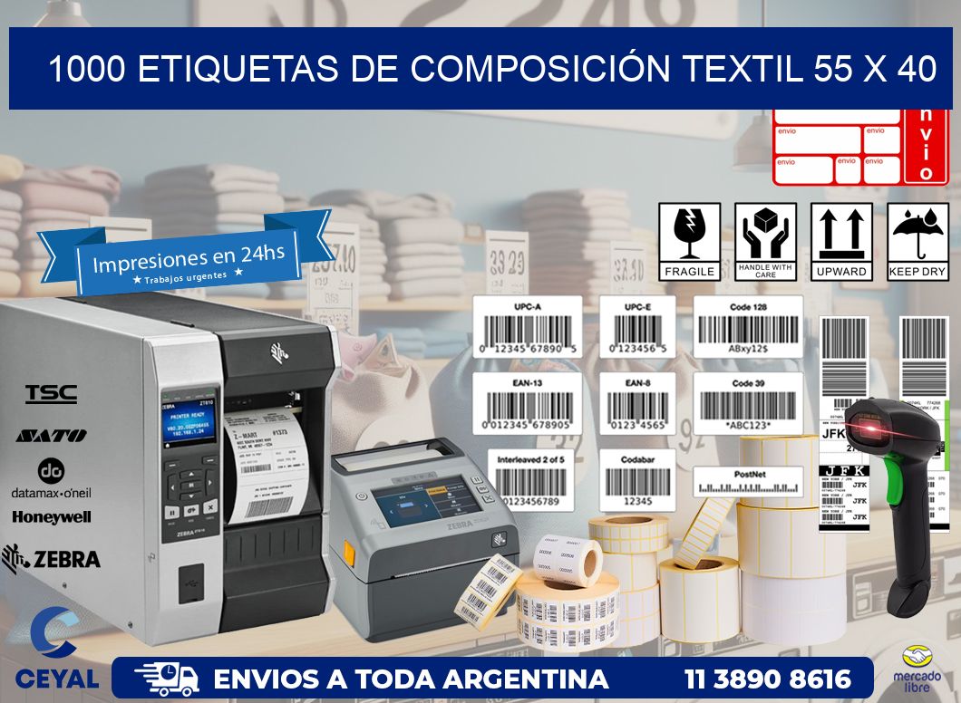 1000 ETIQUETAS DE COMPOSICIÓN TEXTIL 55 x 40