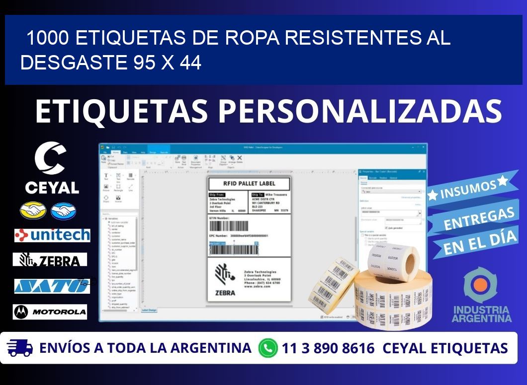 1000 ETIQUETAS DE ROPA RESISTENTES AL DESGASTE 95 x 44