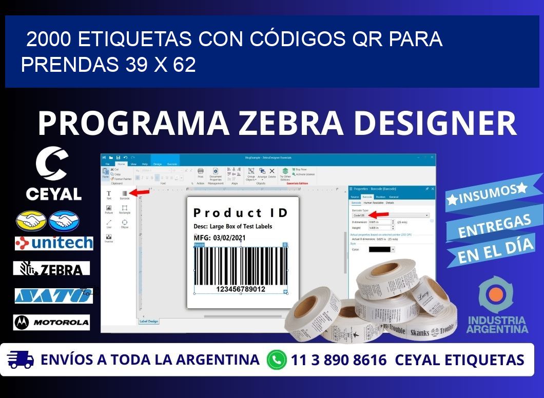 2000 ETIQUETAS CON CÓDIGOS QR PARA PRENDAS 39 x 62