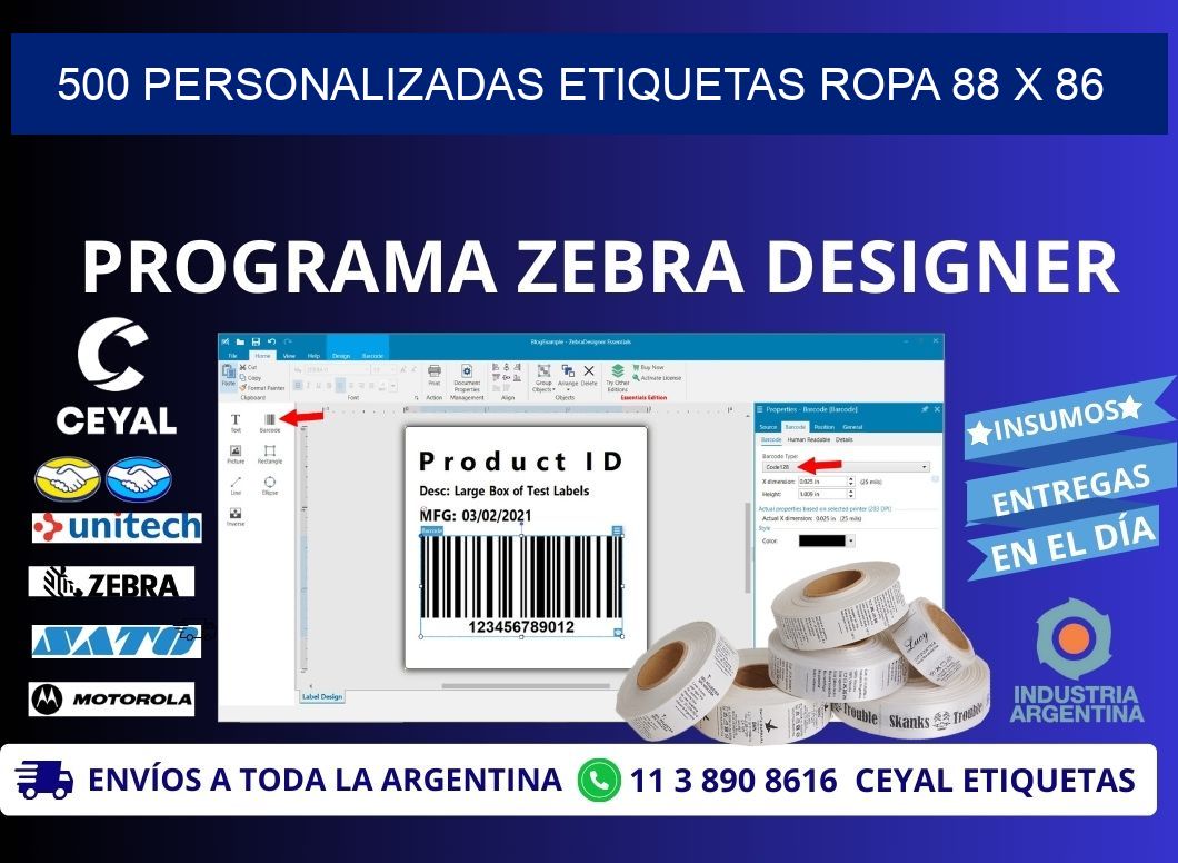 500 PERSONALIZADAS ETIQUETAS ROPA 88 x 86