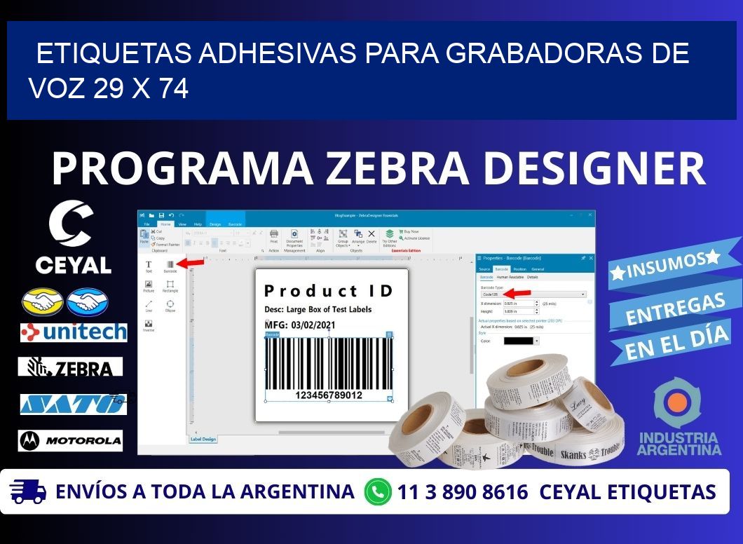 ETIQUETAS ADHESIVAS PARA GRABADORAS DE VOZ 29 x 74