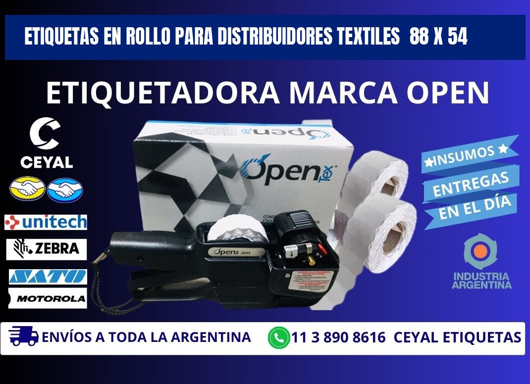 ETIQUETAS EN ROLLO PARA DISTRIBUIDORES TEXTILES  88 x 54