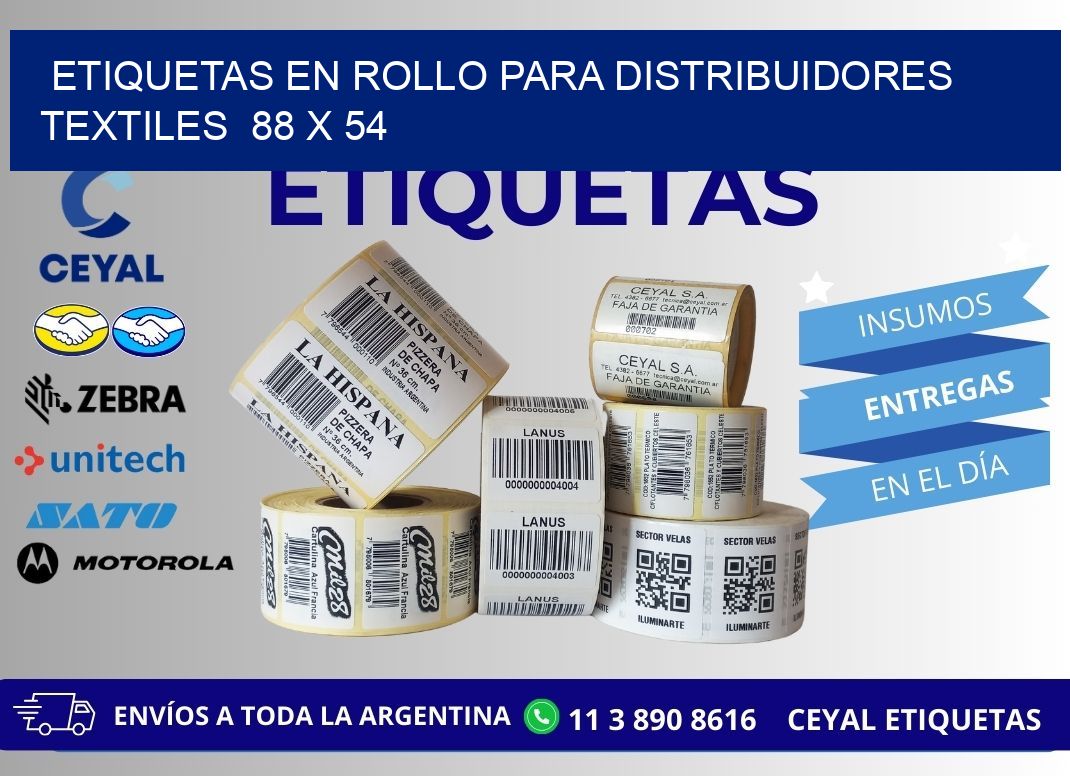 ETIQUETAS EN ROLLO PARA DISTRIBUIDORES TEXTILES  88 x 54