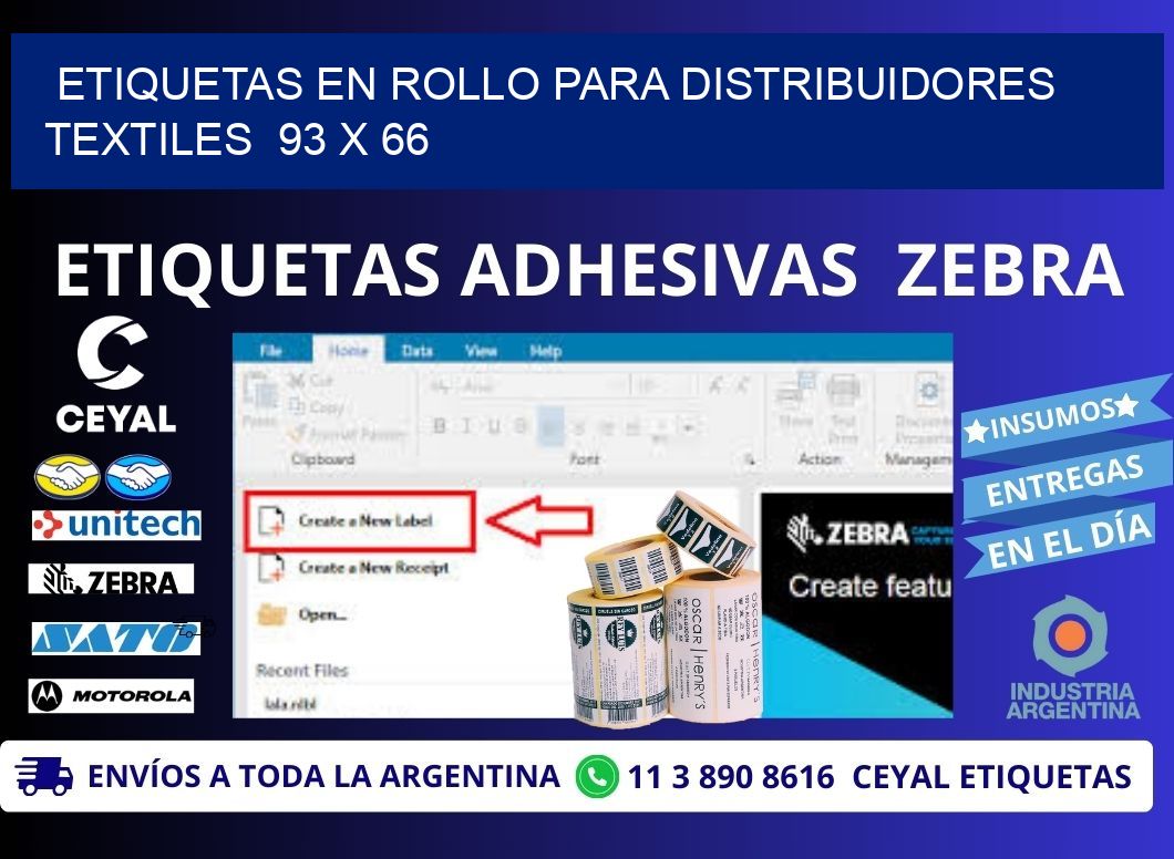 ETIQUETAS EN ROLLO PARA DISTRIBUIDORES TEXTILES  93 x 66