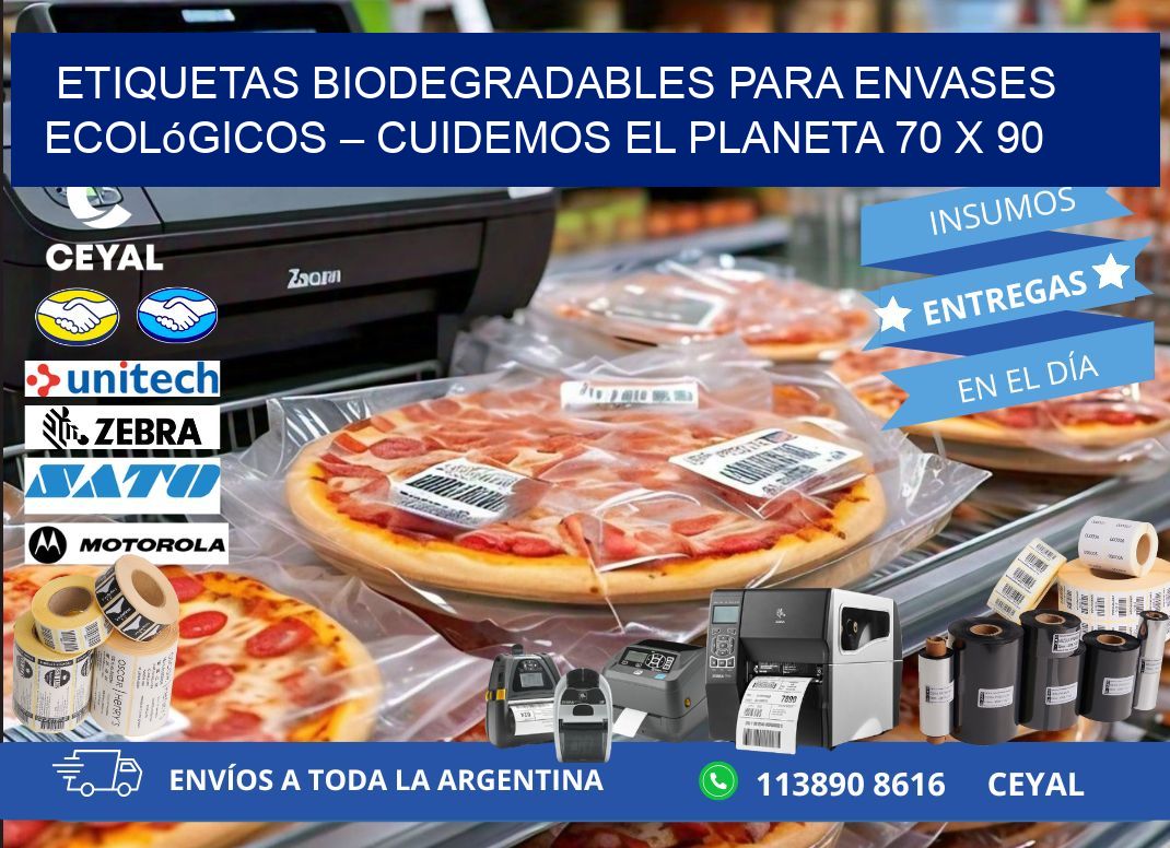 Etiquetas biodegradables para envases ecológicos – Cuidemos el planeta 70 x 90