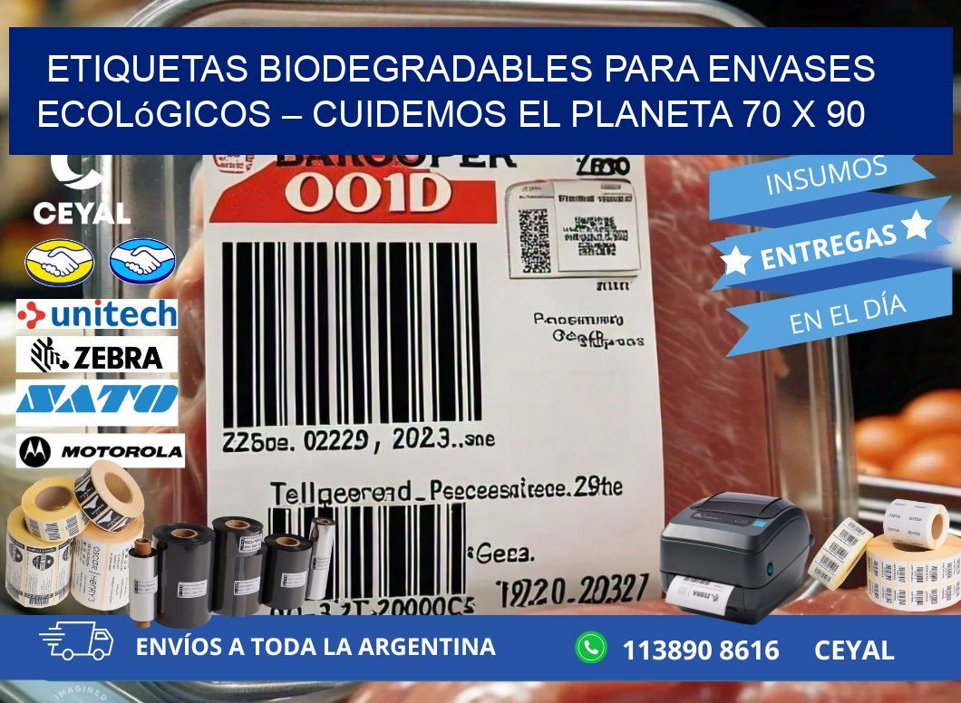 Etiquetas biodegradables para envases ecológicos – Cuidemos el planeta 70 x 90