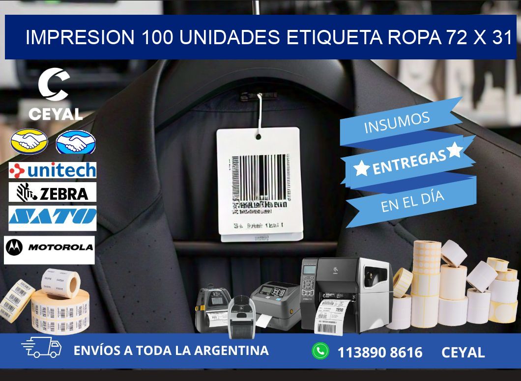 IMPRESION 100 UNIDADES ETIQUETA ROPA 72 x 31