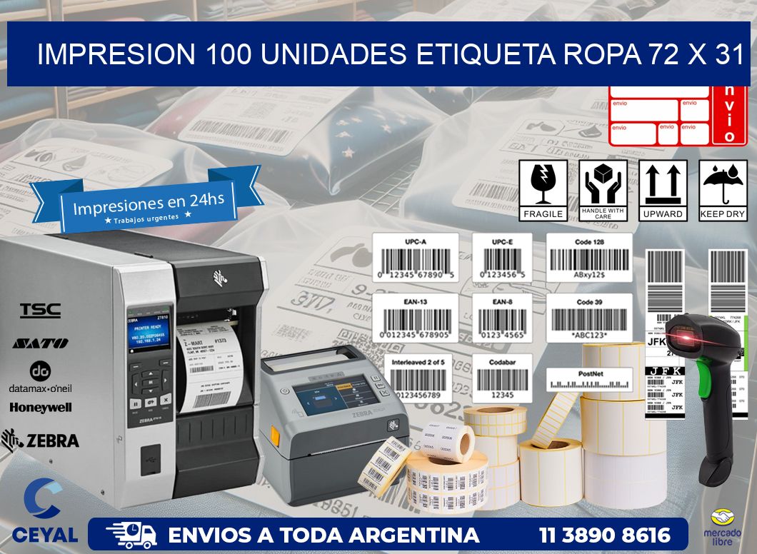IMPRESION 100 UNIDADES ETIQUETA ROPA 72 x 31