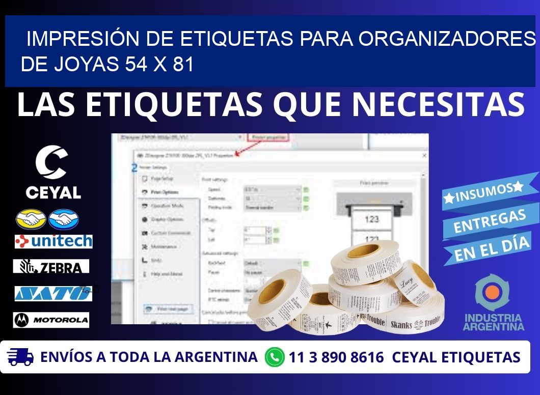 IMPRESIÓN DE ETIQUETAS PARA ORGANIZADORES DE JOYAS 54 x 81