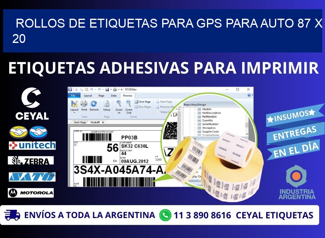 ROLLOS DE ETIQUETAS PARA GPS PARA AUTO 87 x 20