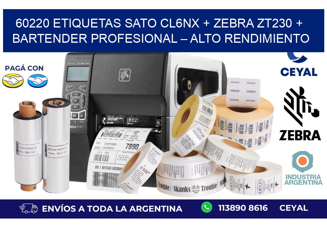 60220 ETIQUETAS SATO CL6NX + Zebra ZT230 + BarTender Profesional – Alto rendimiento