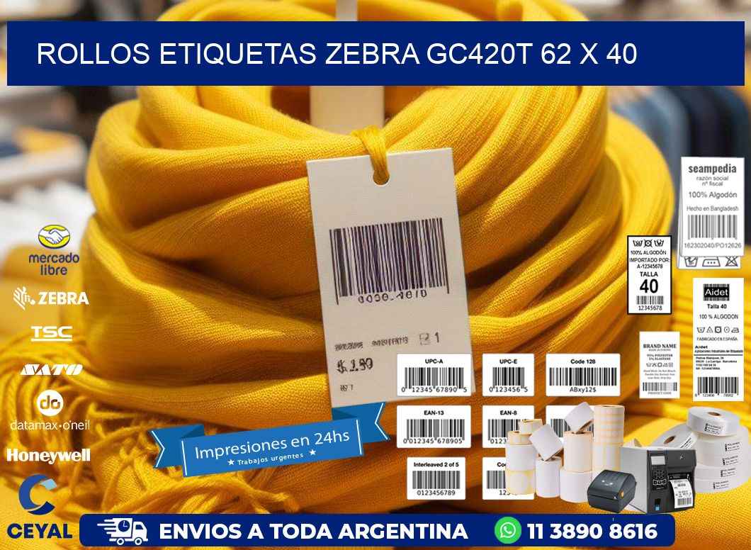 ROLLOS ETIQUETAS Zebra GC420T 62 x 40