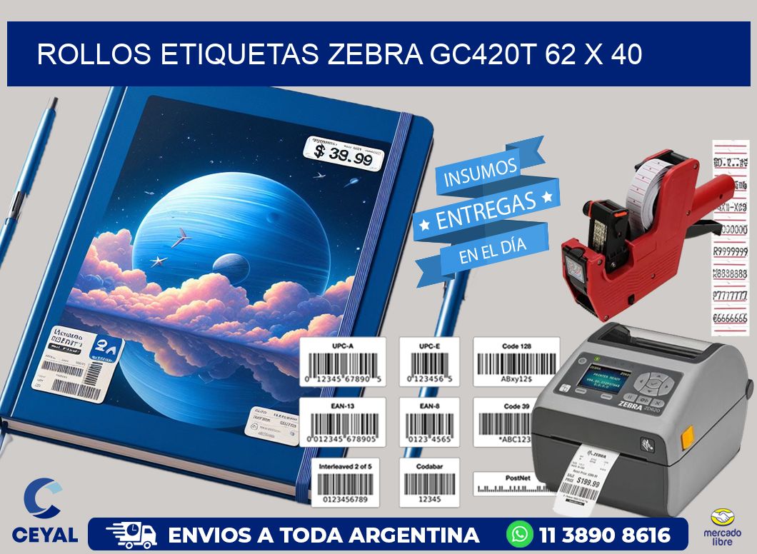 ROLLOS ETIQUETAS Zebra GC420T 62 x 40