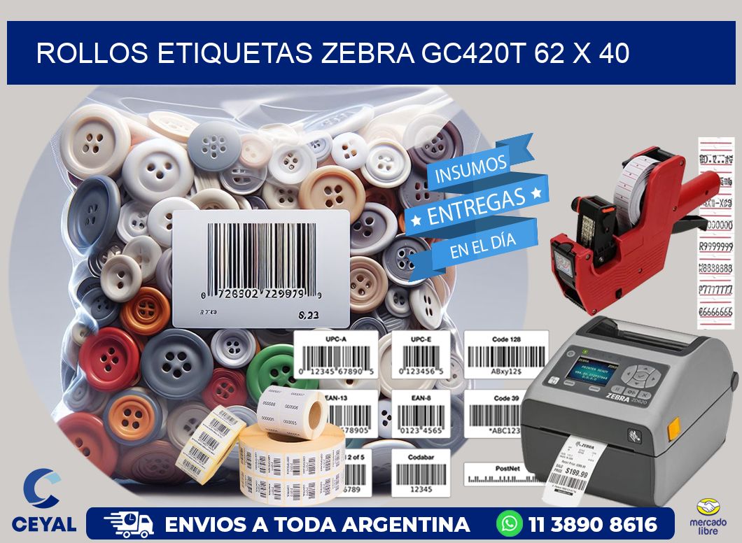 ROLLOS ETIQUETAS Zebra GC420T 62 x 40