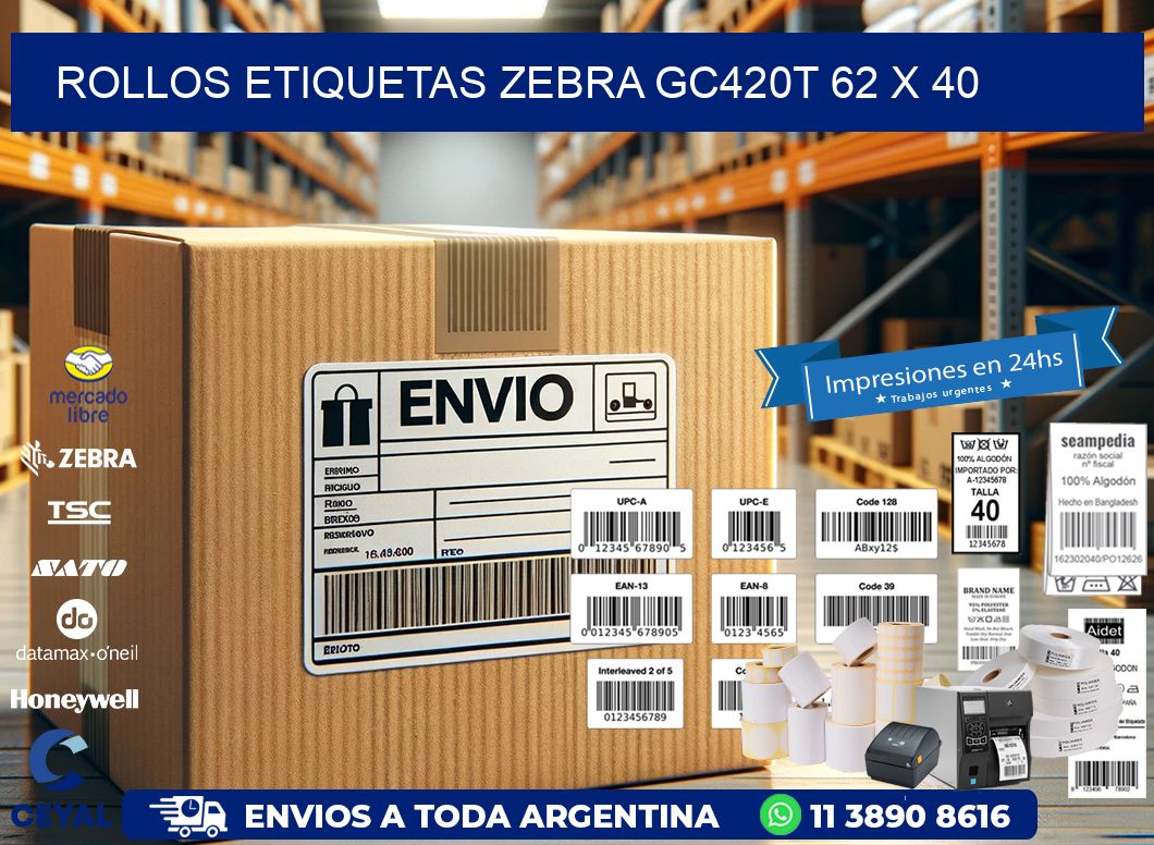 ROLLOS ETIQUETAS Zebra GC420T 62 x 40