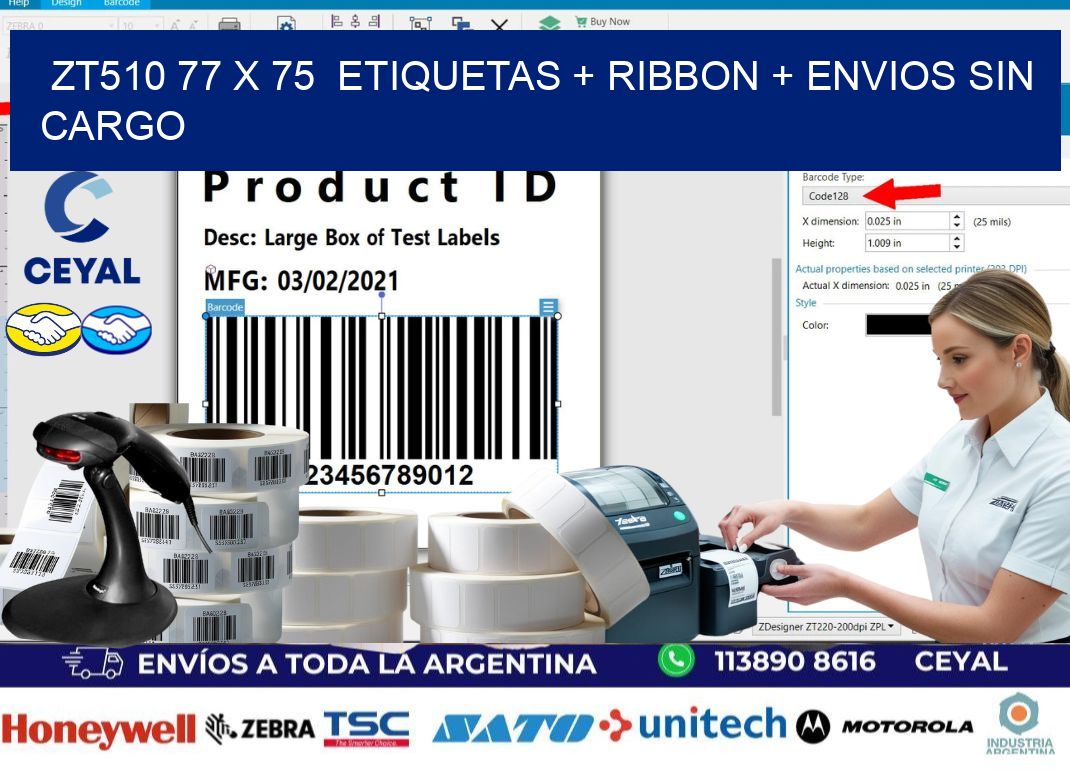 ZT510 77 x 75  etiquetas + ribbon + envios sin cargo