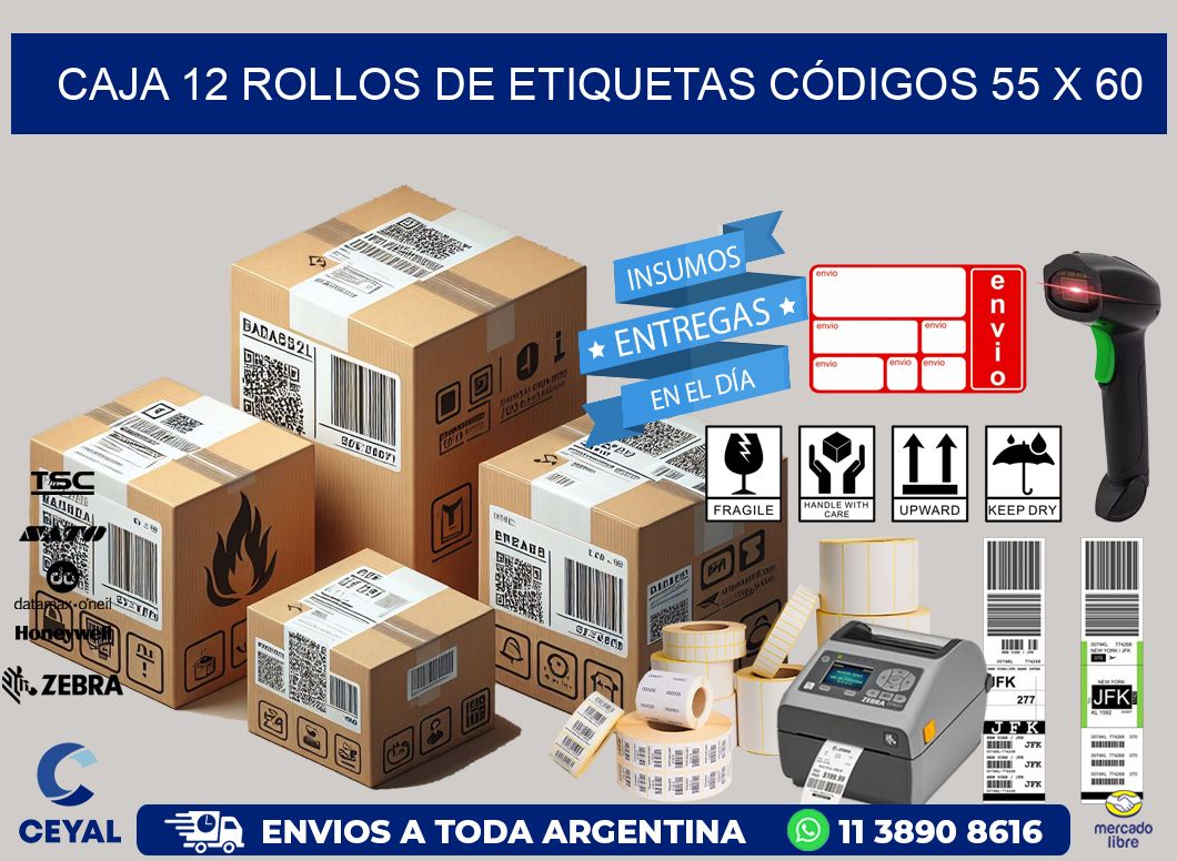 CAJA 12 ROLLOS DE ETIQUETAS CÓDIGOS 55 x 60