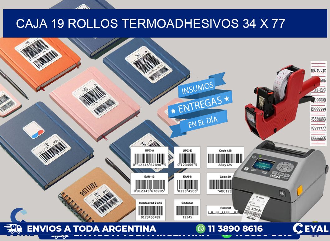 CAJA 19 ROLLOS TERMOADHESIVOS 34 x 77