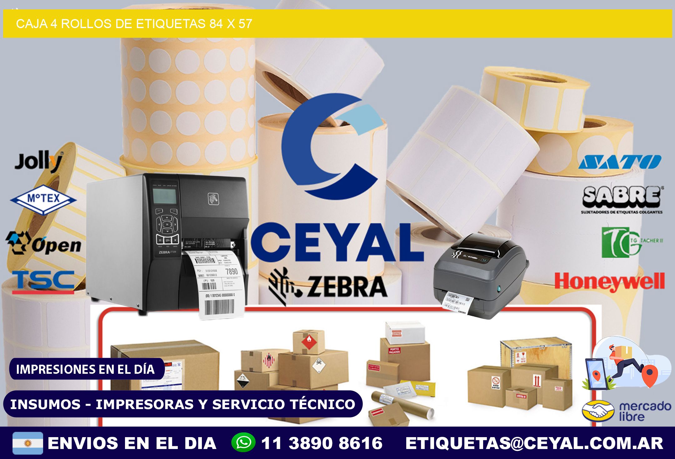 CAJA 4 ROLLOS DE ETIQUETAS 84 x 57