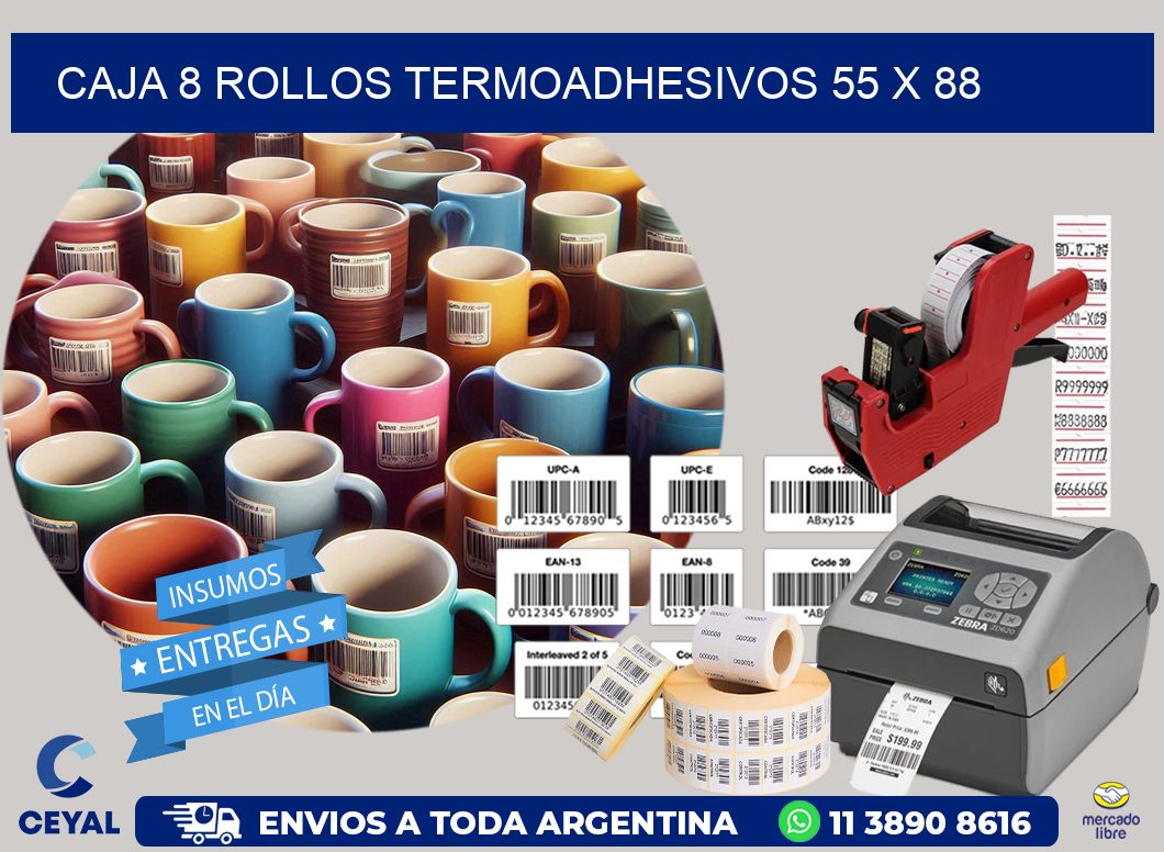 CAJA 8 ROLLOS TERMOADHESIVOS 55 x 88