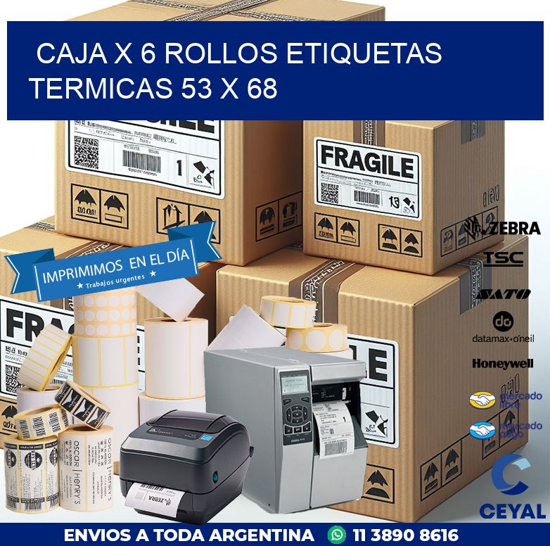 Caja X 6 Rollos Etiquetas termicas 53 x 68
