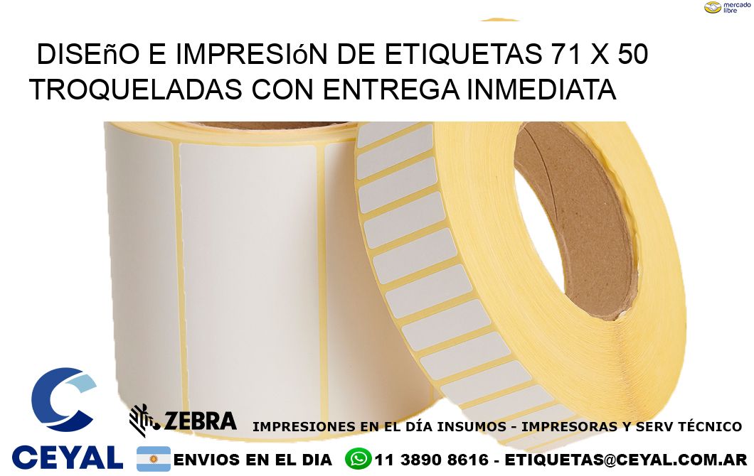 Diseño e impresión de etiquetas 71 x 50 troqueladas con entrega inmediata