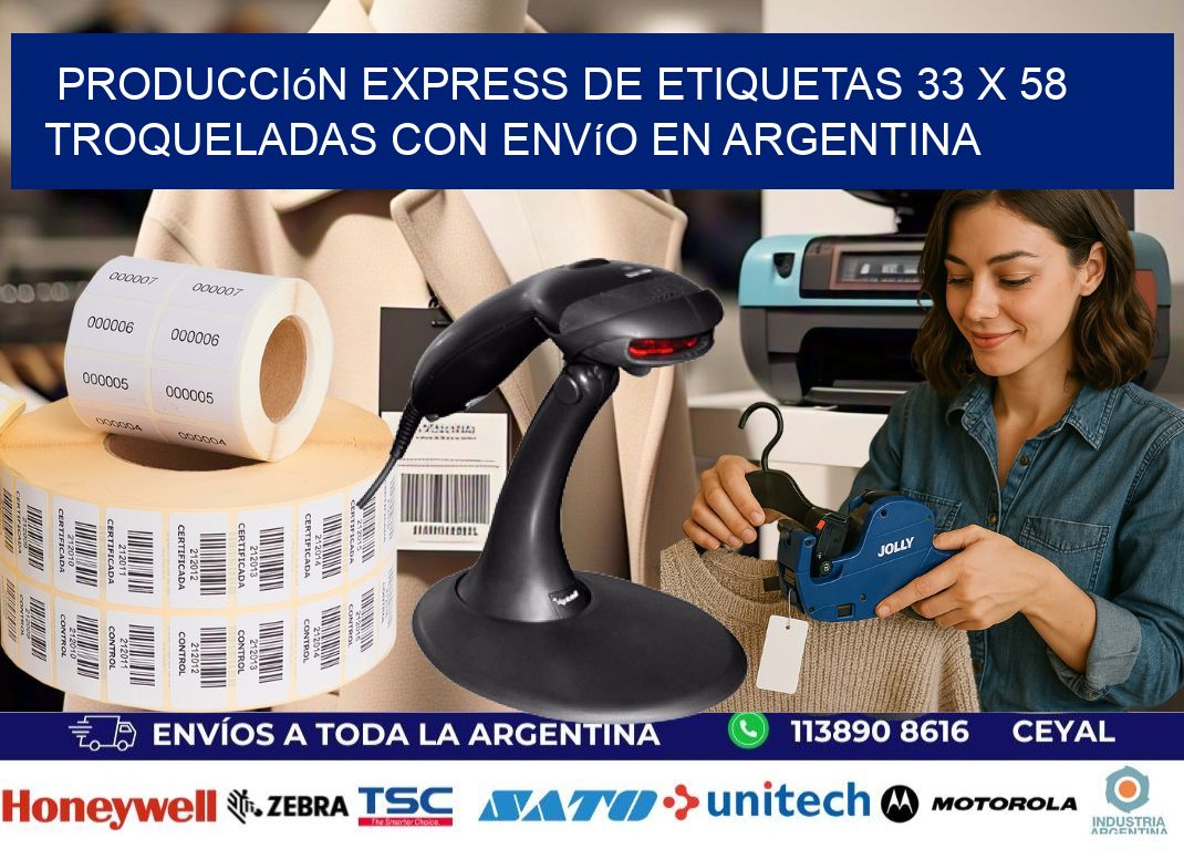 Producción express de etiquetas 33 x 58 troqueladas con envío en Argentina