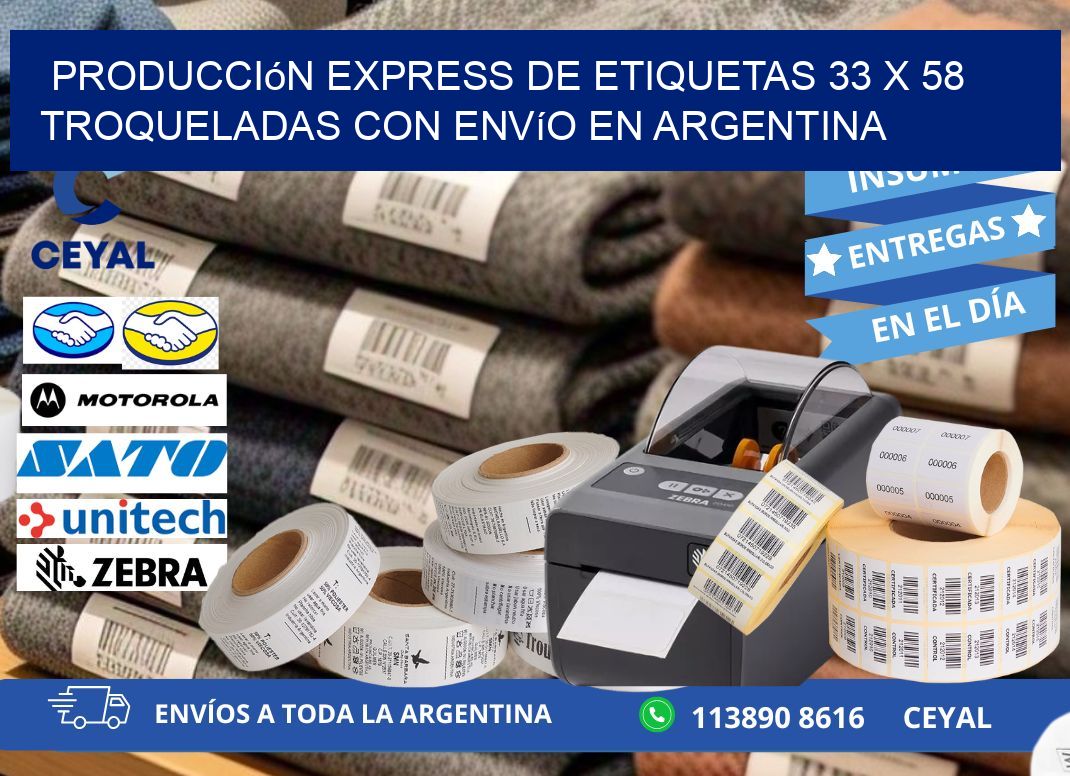 Producción express de etiquetas 33 x 58 troqueladas con envío en Argentina