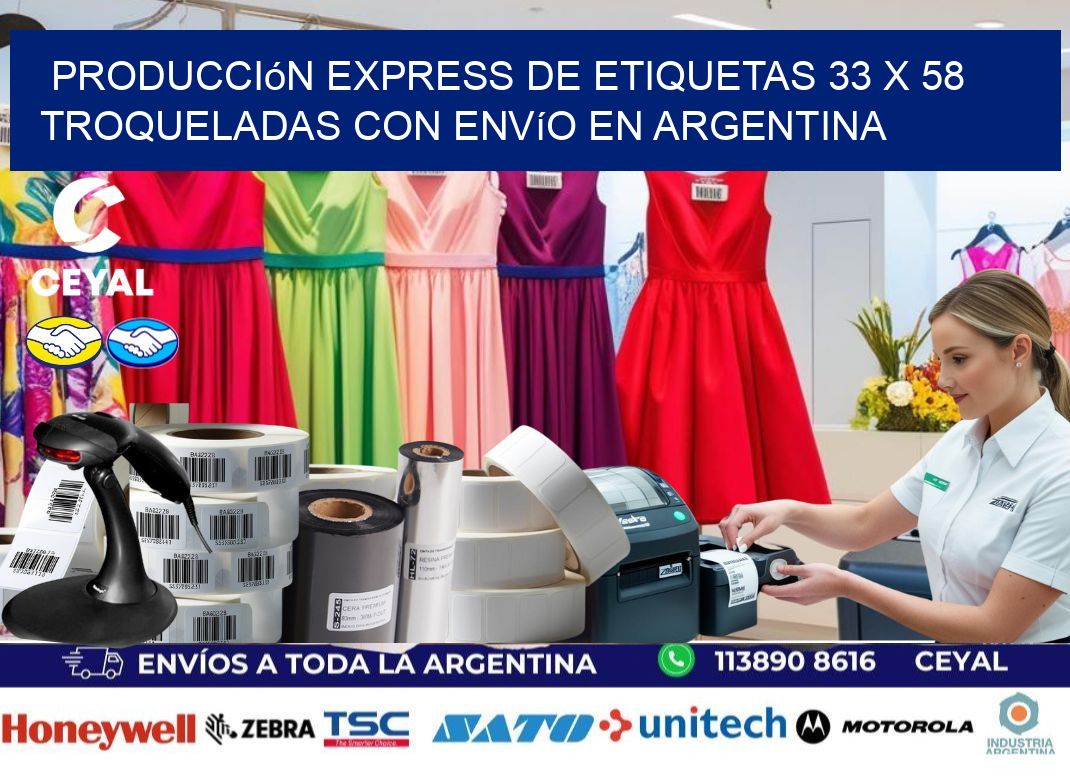 Producción express de etiquetas 33 x 58 troqueladas con envío en Argentina
