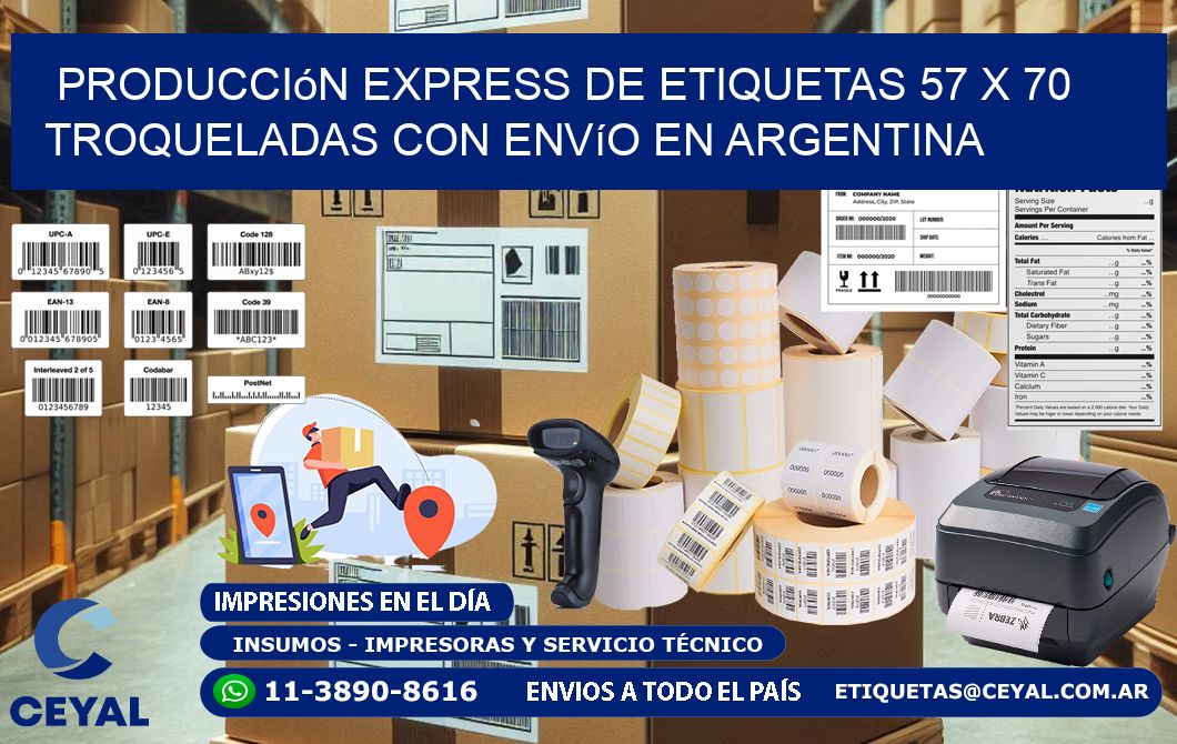 Producción express de etiquetas 57 x 70 troqueladas con envío en Argentina