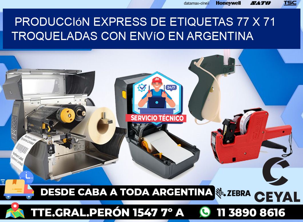 Producción express de etiquetas 77 x 71 troqueladas con envío en Argentina