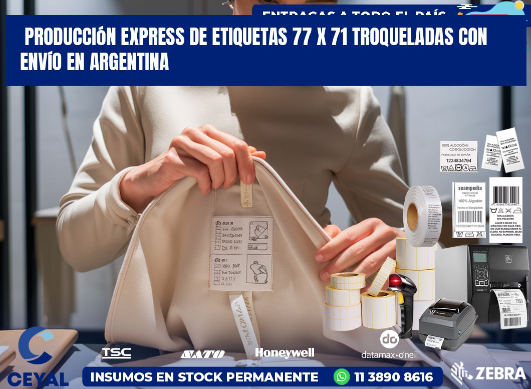 Producción express de etiquetas 77 x 71 troqueladas con envío en Argentina