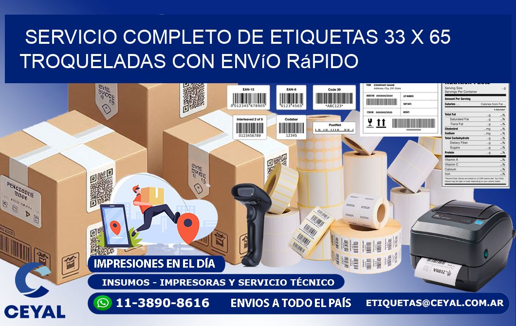 Servicio completo de etiquetas 33 x 65 troqueladas con envío rápido