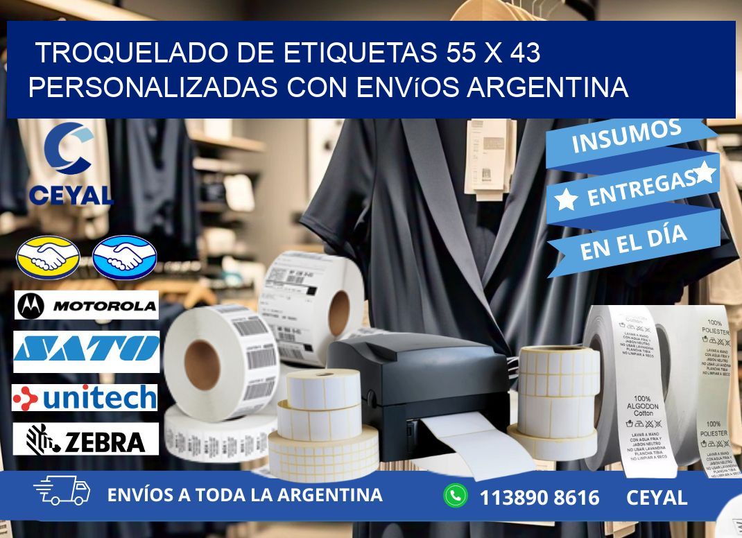 Troquelado de etiquetas 55 x 43 personalizadas con envíos Argentina