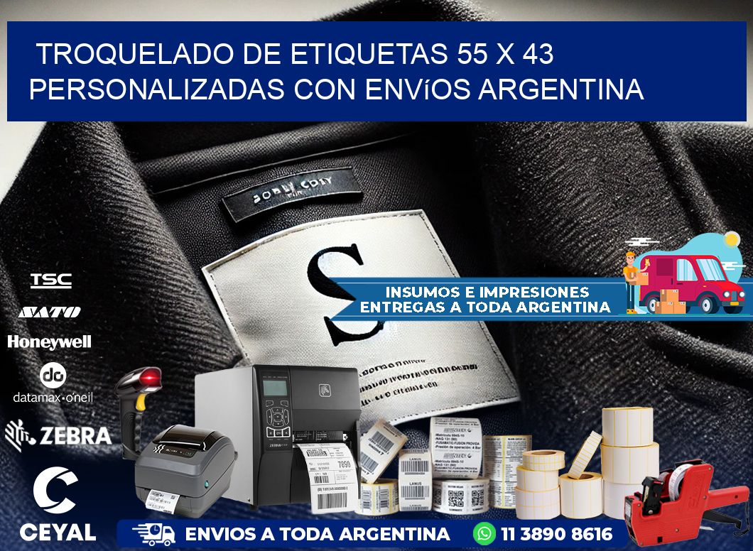 Troquelado de etiquetas 55 x 43 personalizadas con envíos Argentina
