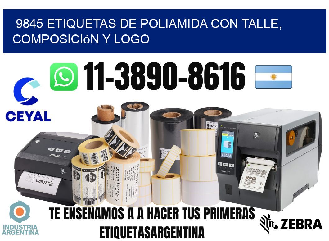9845 Etiquetas de poliamida con talle, composición y logo