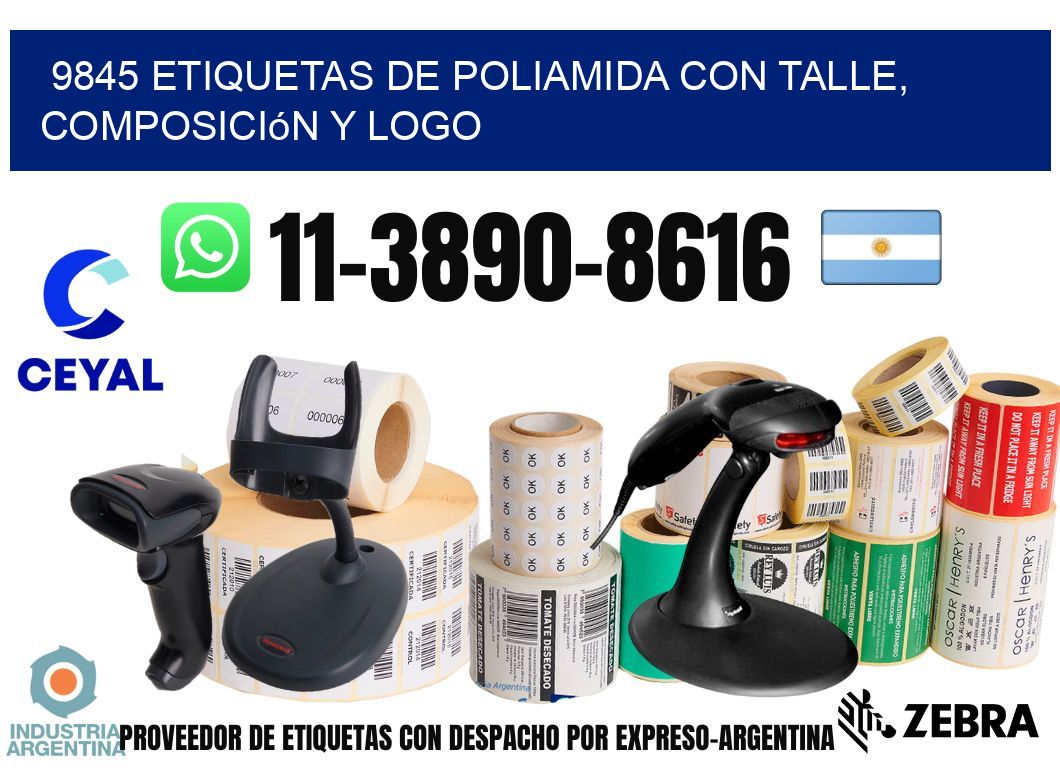 9845 Etiquetas de poliamida con talle, composición y logo