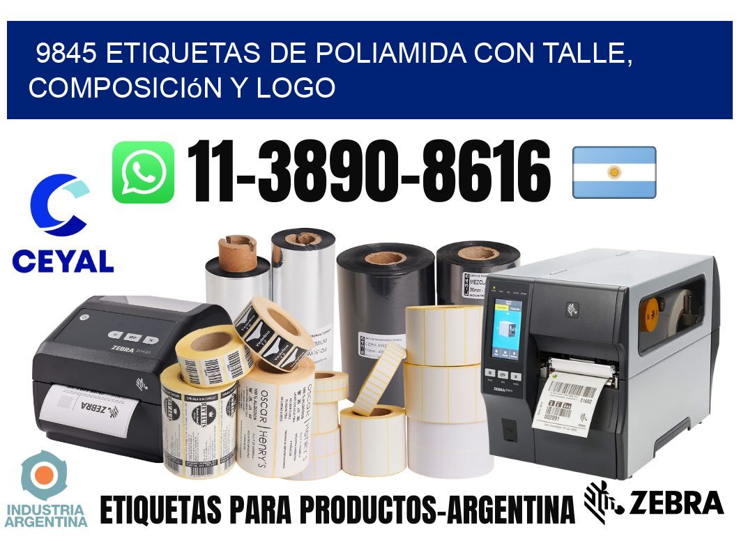 9845 Etiquetas de poliamida con talle, composición y logo