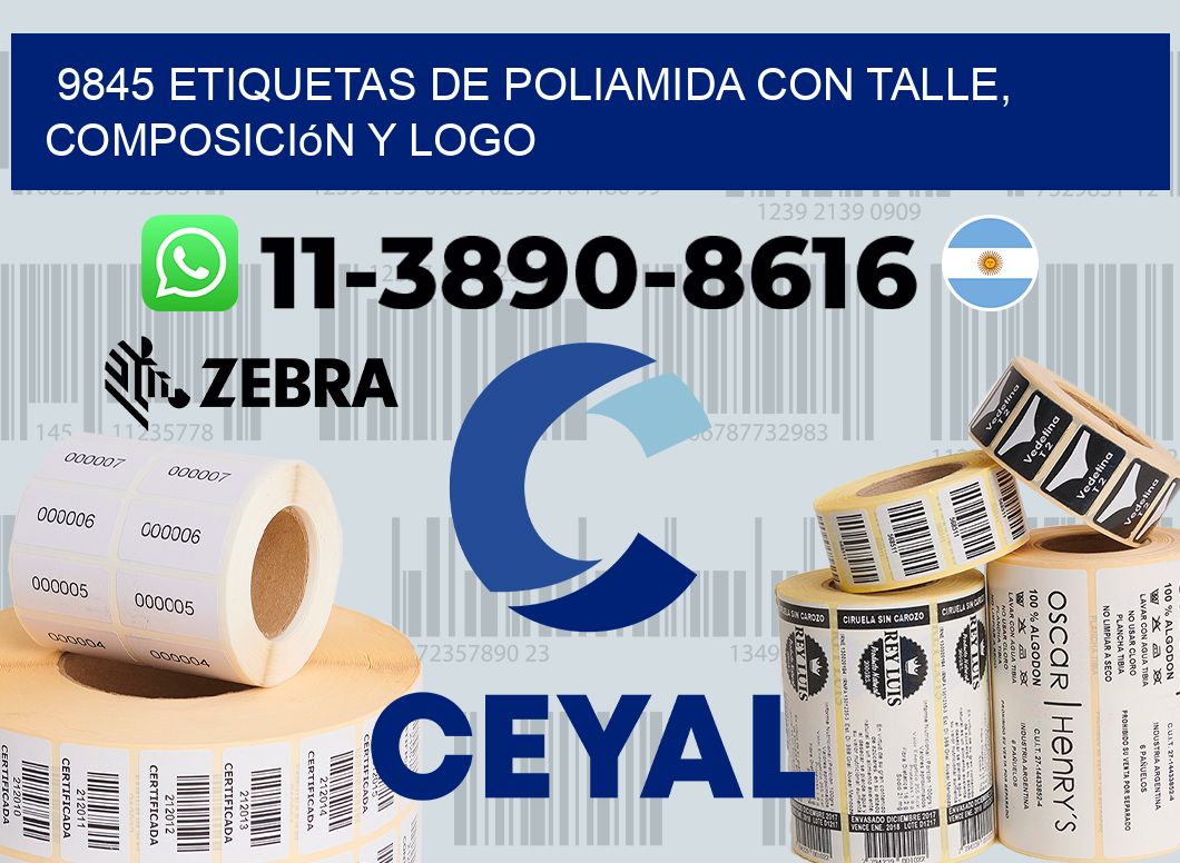 9845 Etiquetas de poliamida con talle, composición y logo