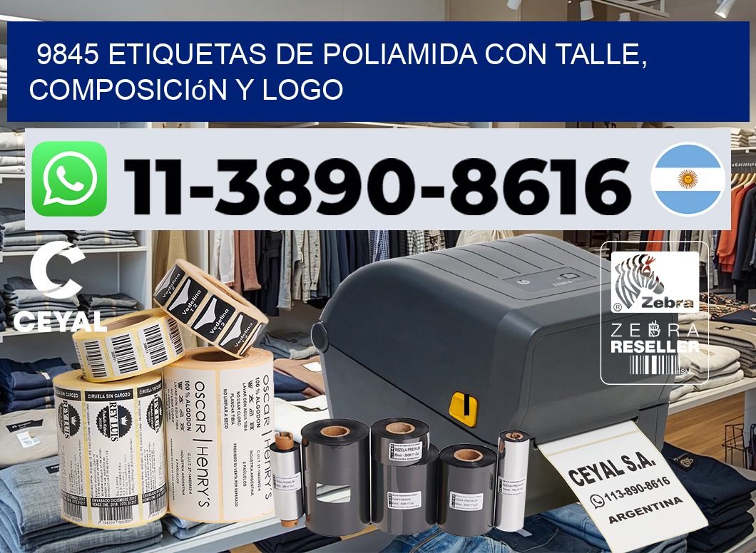 9845 Etiquetas de poliamida con talle, composición y logo