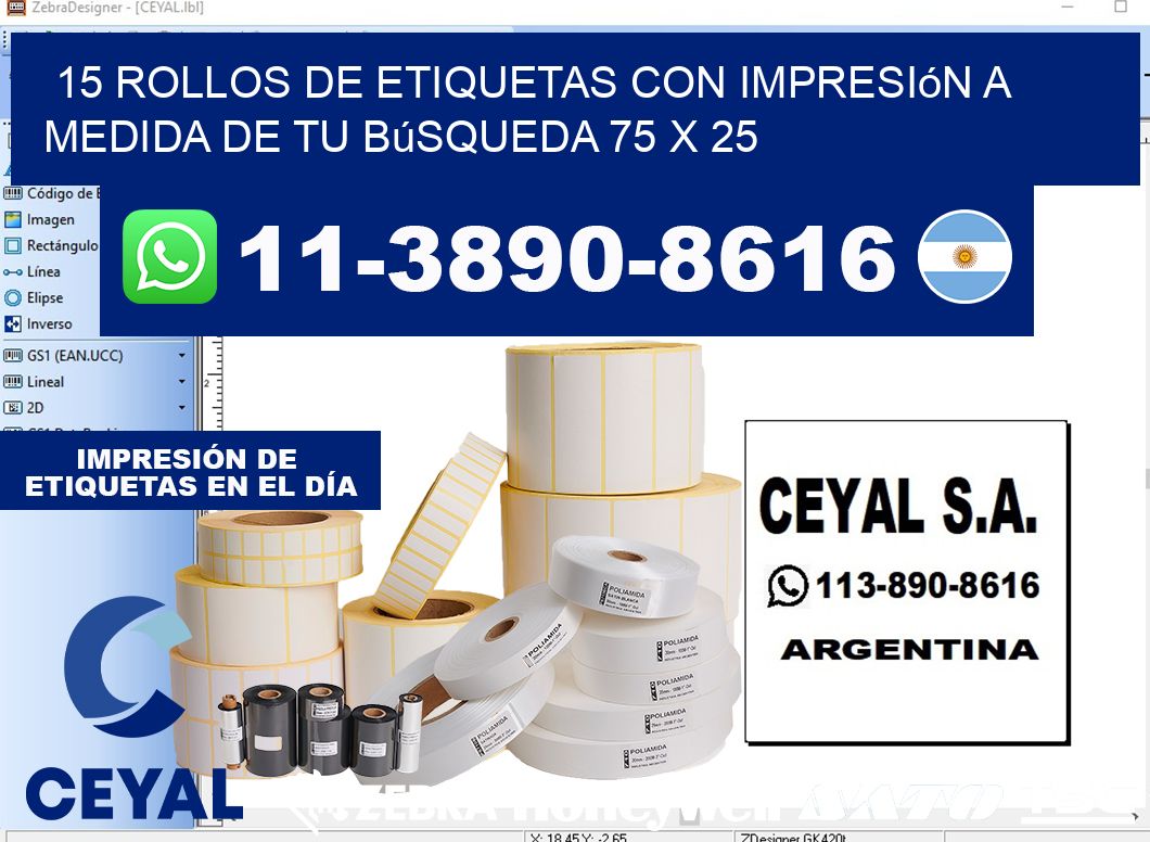 15 rollos de etiquetas con impresión a medida de tu búsqueda 75 x 25