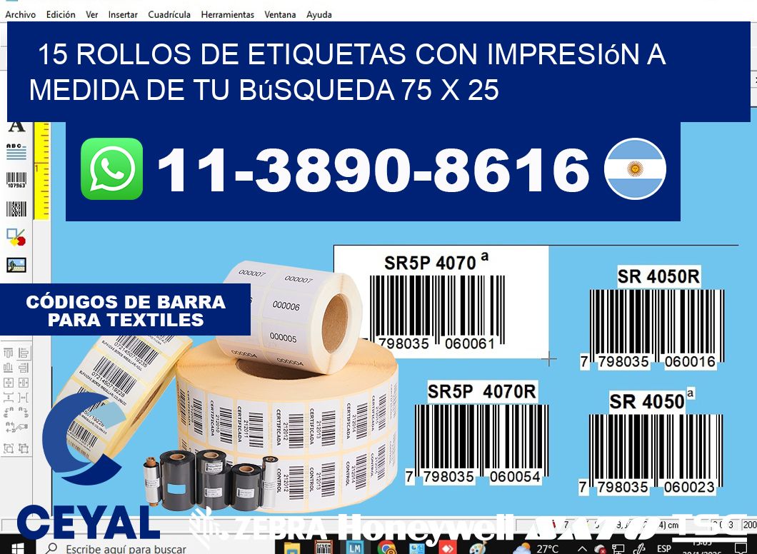 15 rollos de etiquetas con impresión a medida de tu búsqueda 75 x 25