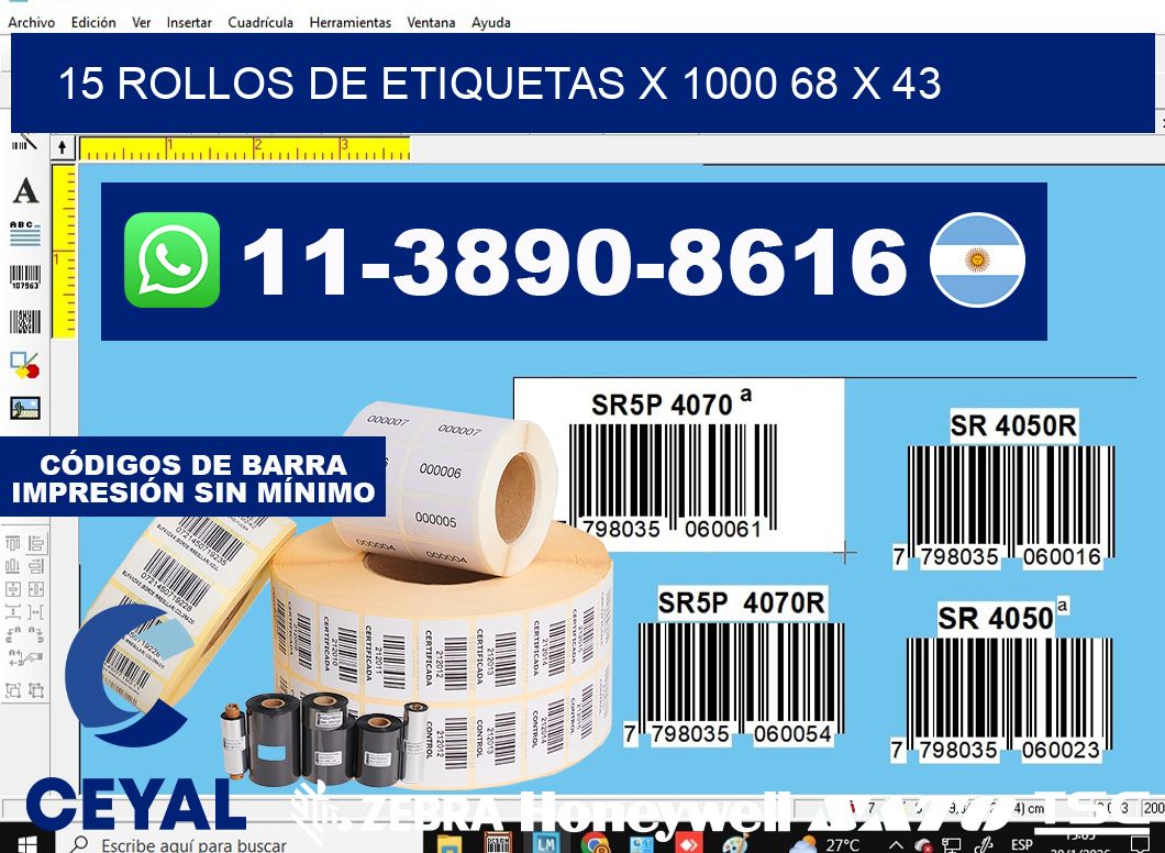 15 rollos de etiquetas x 1000 68 x 43