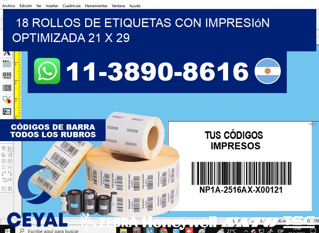 18 rollos de etiquetas con impresión optimizada 21 x 29