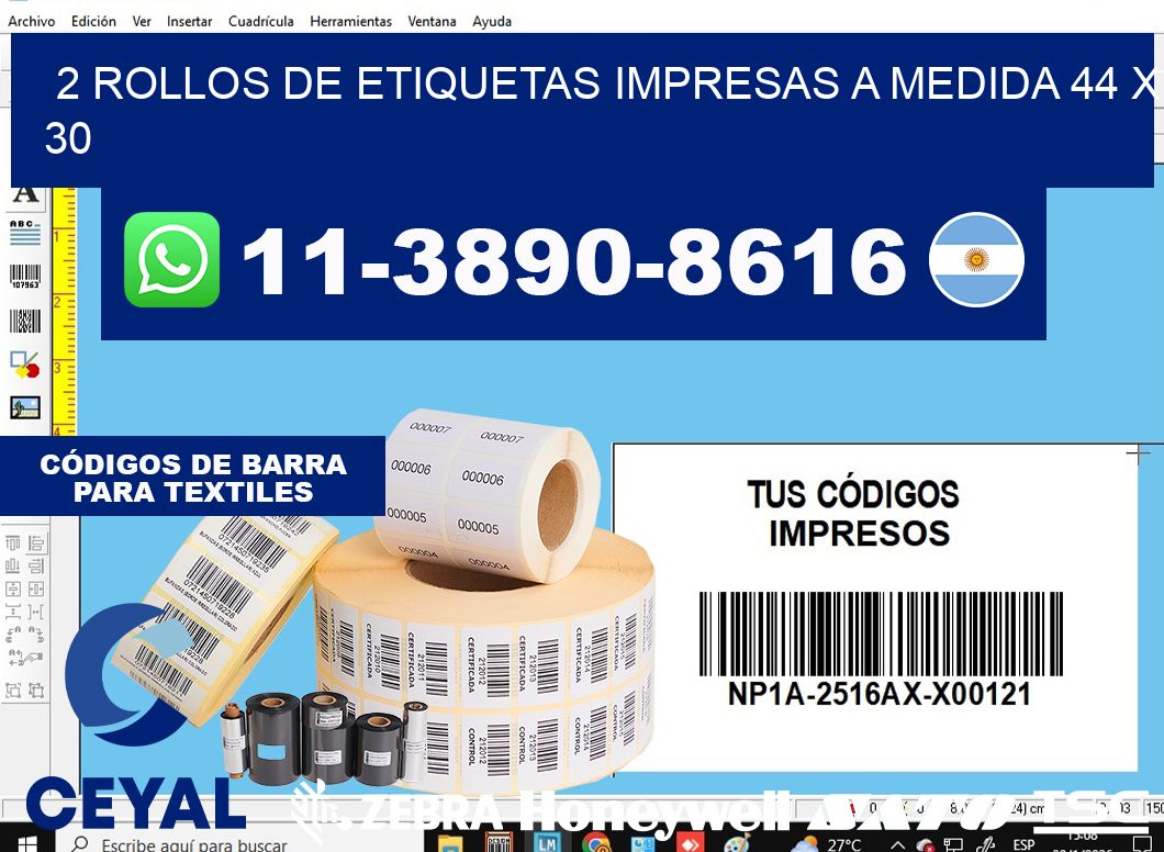2 rollos de etiquetas impresas a medida 44 x 30