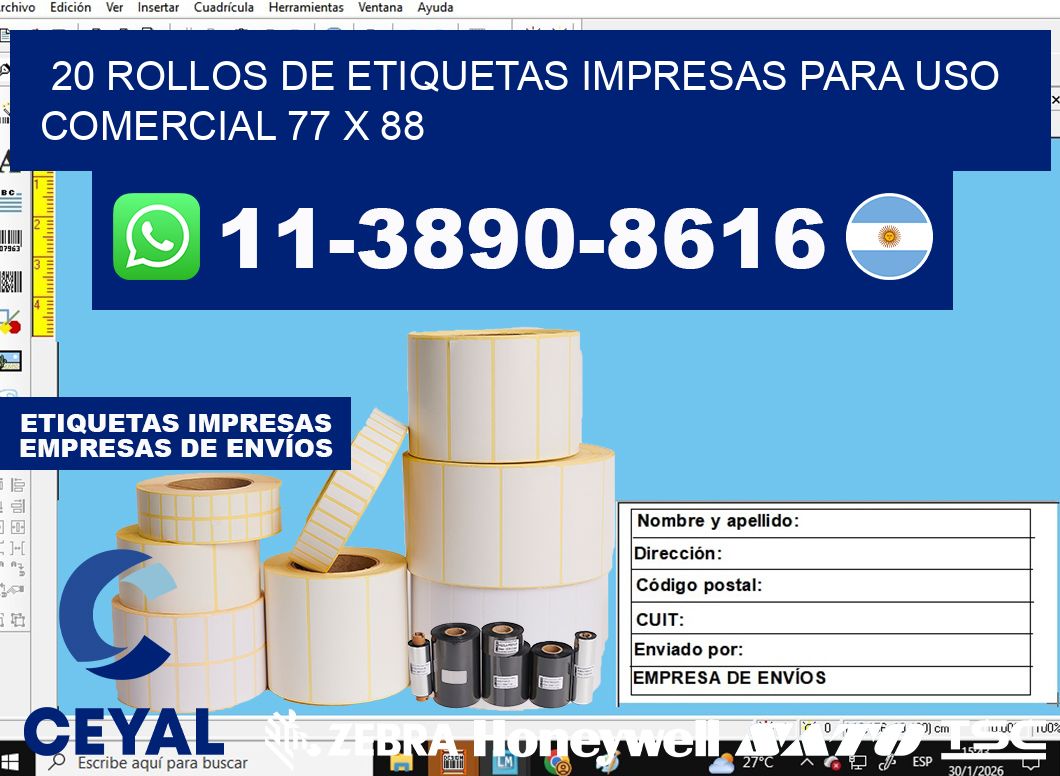 20 rollos de etiquetas impresas para uso comercial 77 x 88