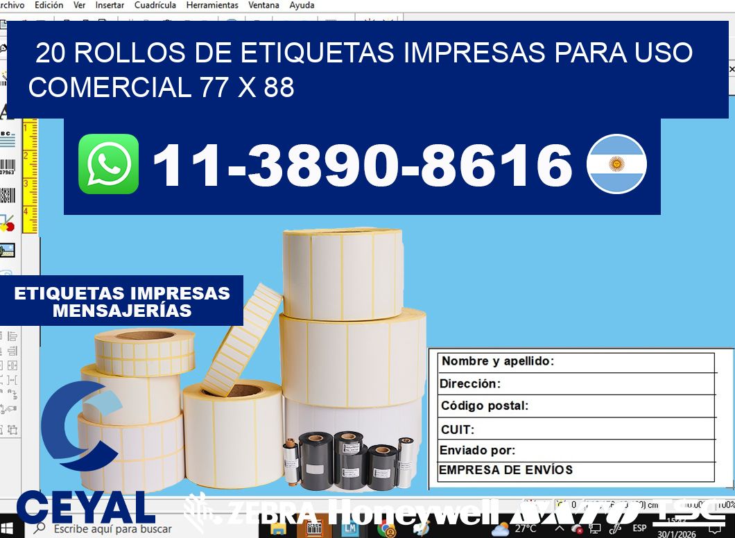 20 rollos de etiquetas impresas para uso comercial 77 x 88