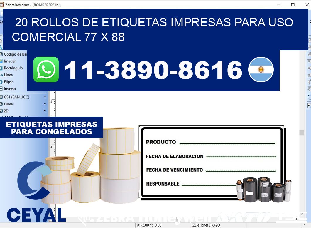 20 rollos de etiquetas impresas para uso comercial 77 x 88